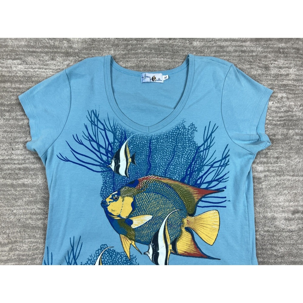 Guy Harvey T-Shirt Womens XL Blue Tropical Fish Graphic Lettuce Hem Scoop Neck - Picture 2 of 10